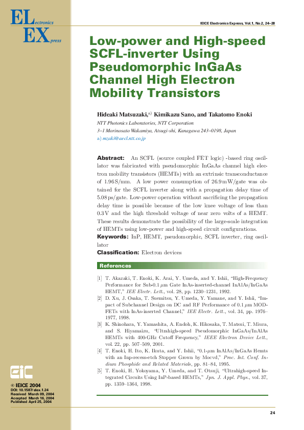 (PDF) Low-power and High-speed SCFL-inverter Using Pseudomorphic InGaAs ...