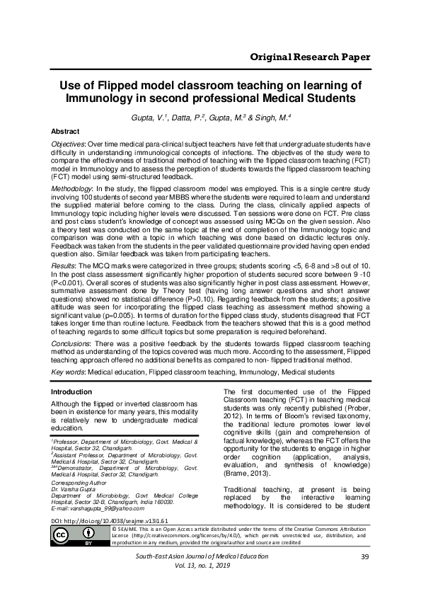 (PDF) Use of Flipped model classroom teaching on learning of Immunology ...
