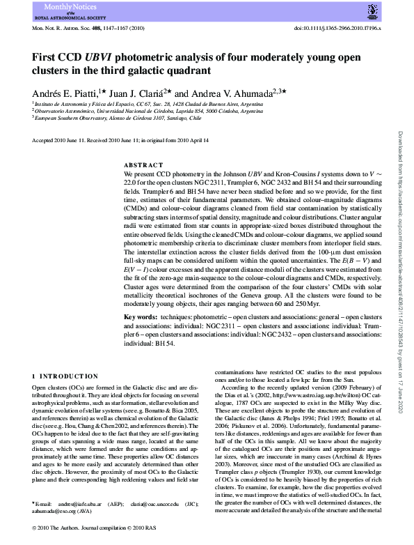 (PDF) First CCD UBVI photometric analysis of four moderately young open ...