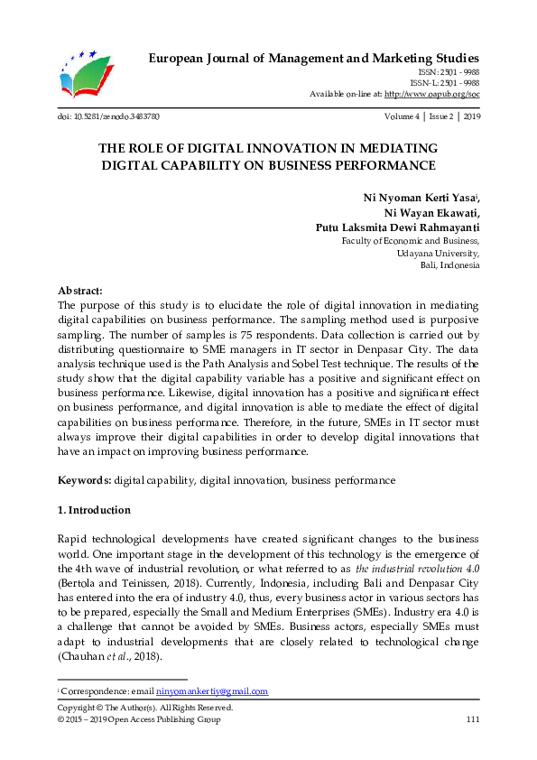 (PDF) The Role of Digital Innovation in Mediating Digital Capability on ...