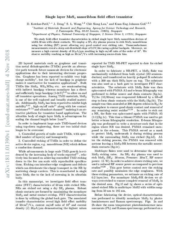 (PDF) Single layer MoS2 nanoribbon field effect transistor