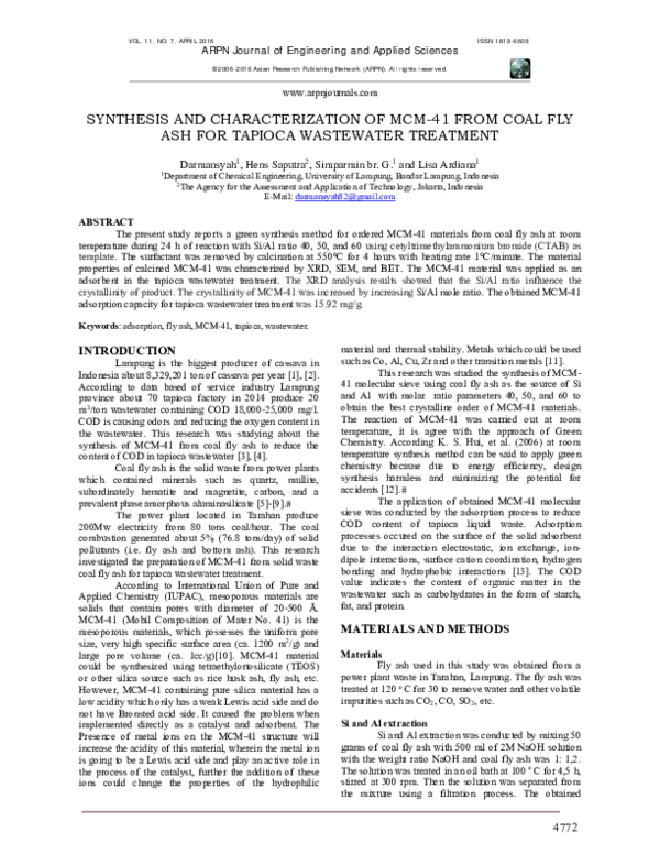 (PDF) Synthesis and Characterization of MCM-41 from Coal Fly Ash for ...