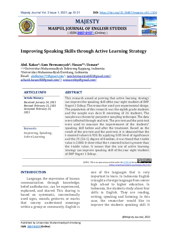 (PDF) The Improving Speaking Skills through Active Learning Strategy