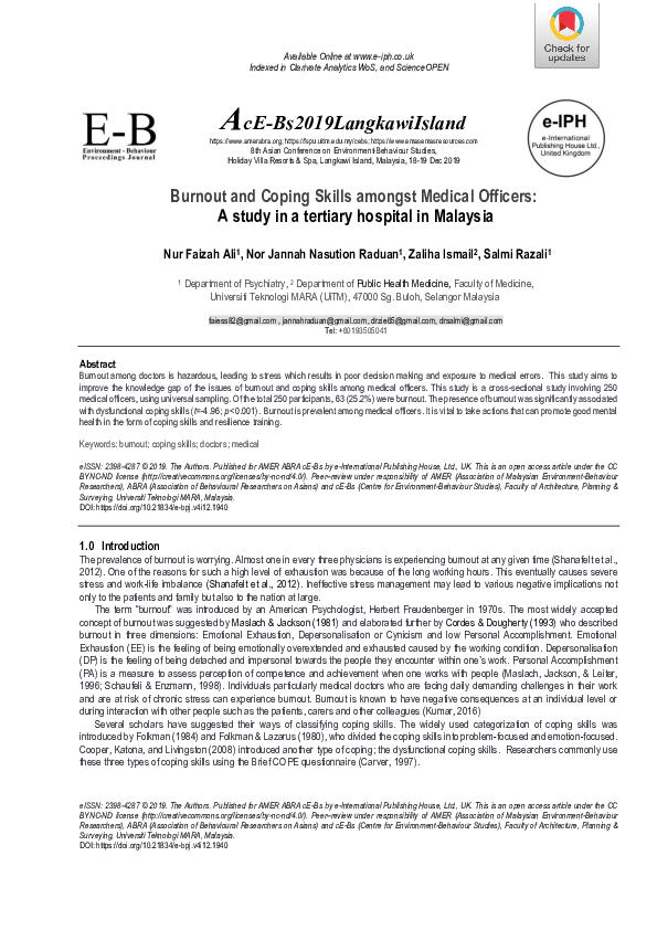 (PDF) Burnout and Coping Skills amongst Medical Officers: A study in a ...