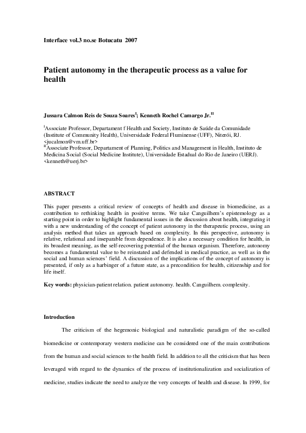 (PDF) Patient autonomy in the therapeutic process as a value for health
