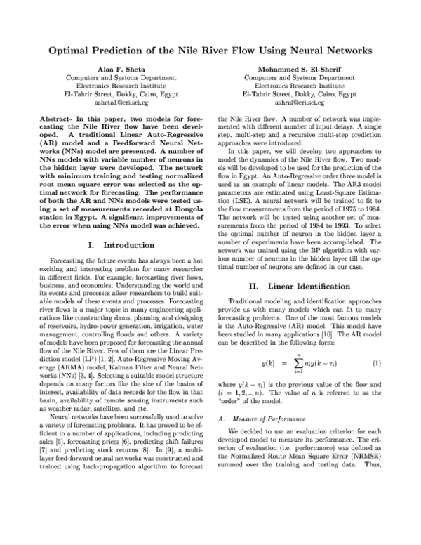 (PDF) Optimal prediction of the Nile River flow using neural networks