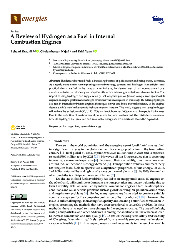  PDF A Review Of Hydrogen As A Fuel In Internal Combustion Engines