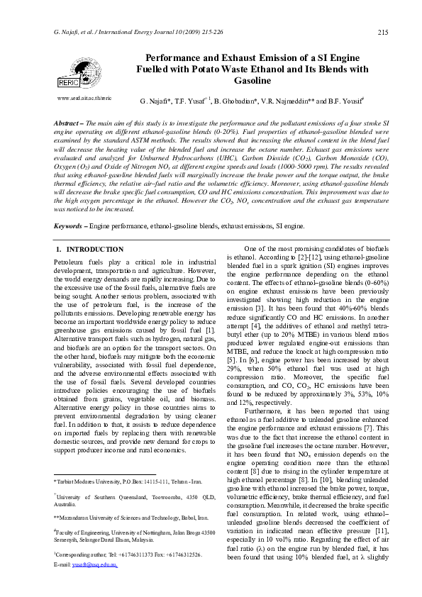 (PDF) Performance and exhaust emission of a SI engine fuelled with ...