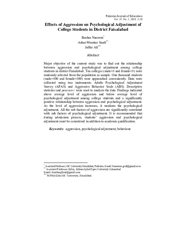 (PDF) Effects of Aggression on Psychological Adjustment of College ...