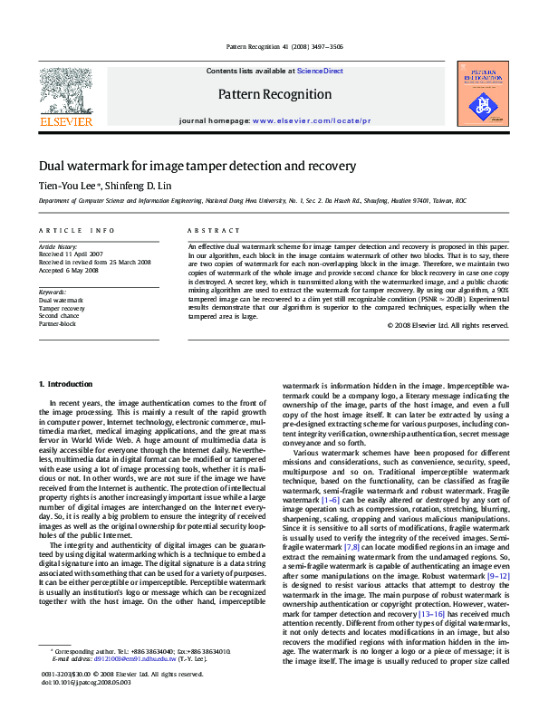 (PDF) Dual watermark for image tamper detection and recovery Shinfeng