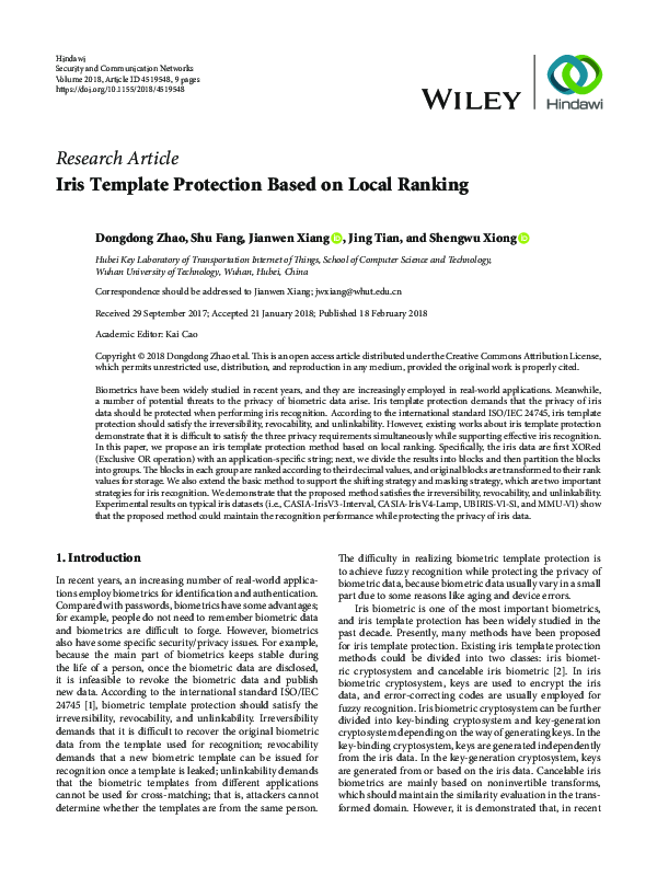 (PDF) Iris Template Protection Based on Local Ranking