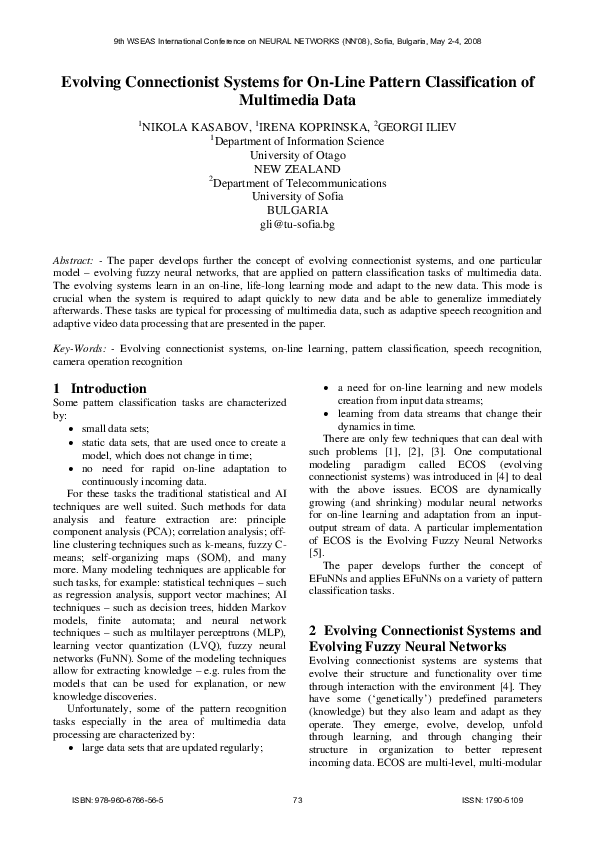 (PDF) Evolving Connectionist Systems for On Line Pattern Classification ...