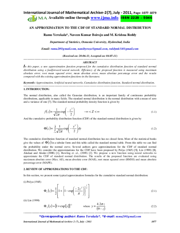 (PDF) An Approximation to the CDF of Standard Normal Distribution