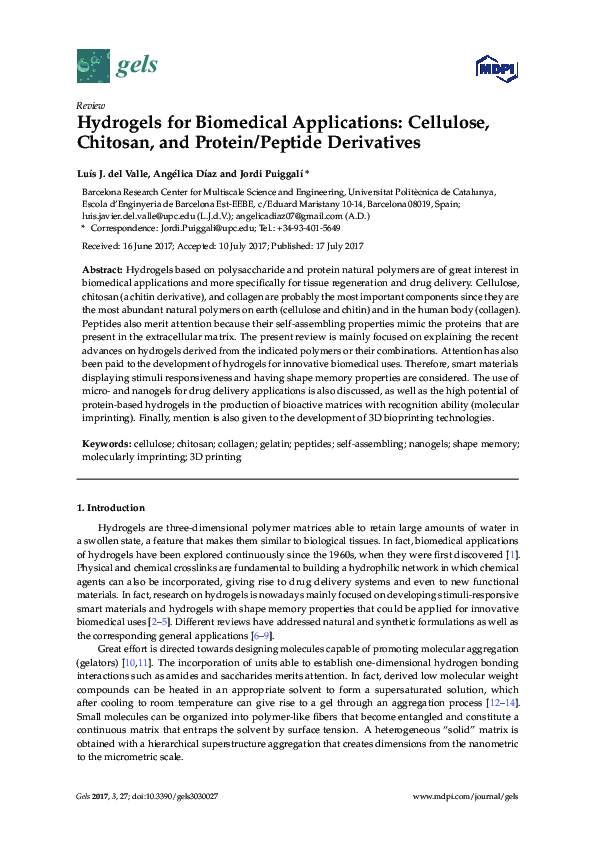 (PDF) Hydrogels for Biomedical Applications: Cellulose, Chitosan, and ...