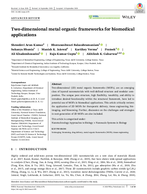 (PDF) Two‐dimensional metal organic frameworks for biomedical applications