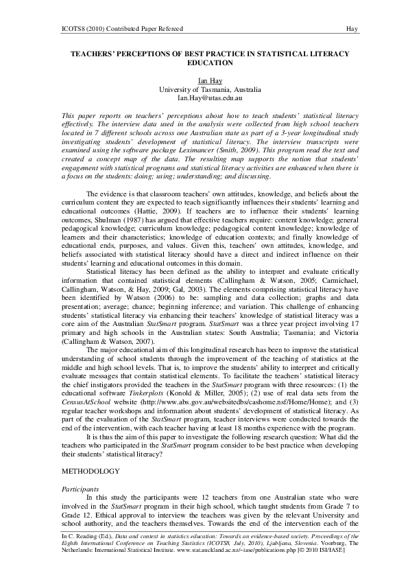 (PDF) Teachers ’ Perceptions of Best Practice in Statistical Literacy ...