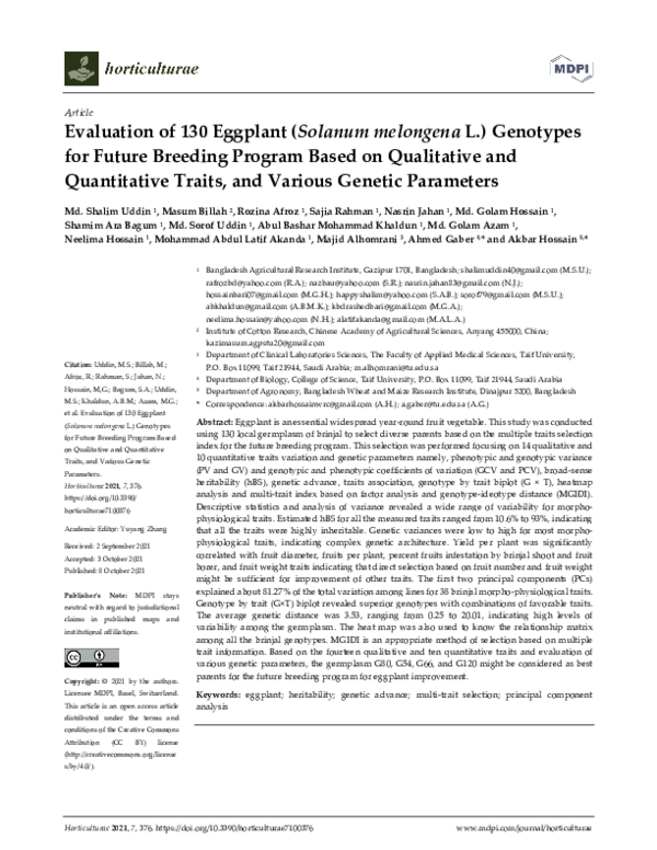 (PDF) Evaluation of 130 Eggplant (Solanum melongena L.) Genotypes for ...