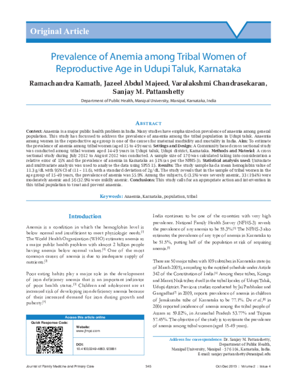 (PDF) Prevalence of anemia among tribal women of reproductive age in ...