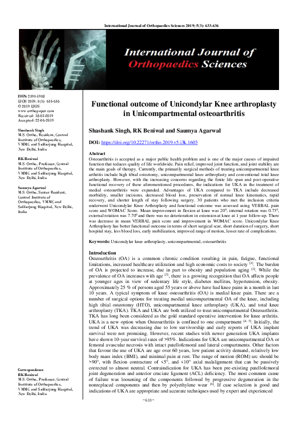 (PDF) Functional outcome of Unicondylar Knee arthroplasty in ...