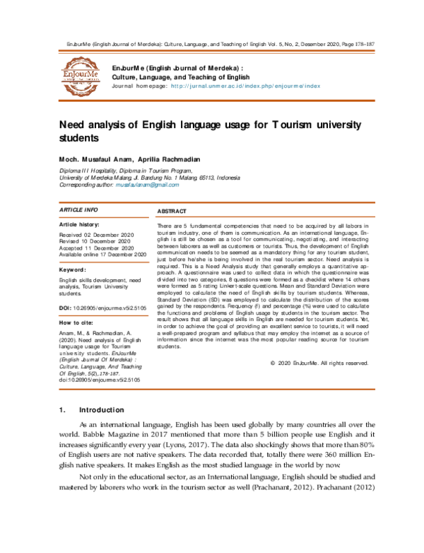 (PDF) Need analysis of English language usage for Tourism university ...