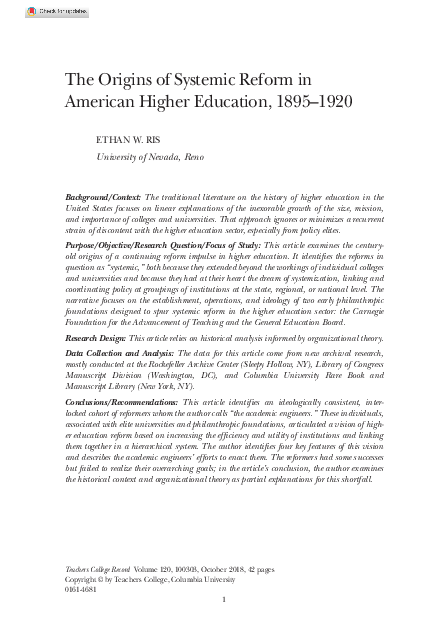 (PDF) The Origins of Systemic Reform in American Higher Education, 1895 ...