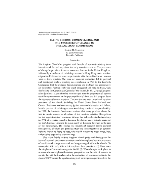 (PDF) Flying Bishops, Women Clergy, and the Processes of Change in the ...