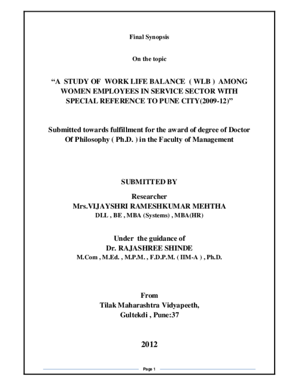 (PDF) A study of Work Life Balance WLB among women employees in service ...