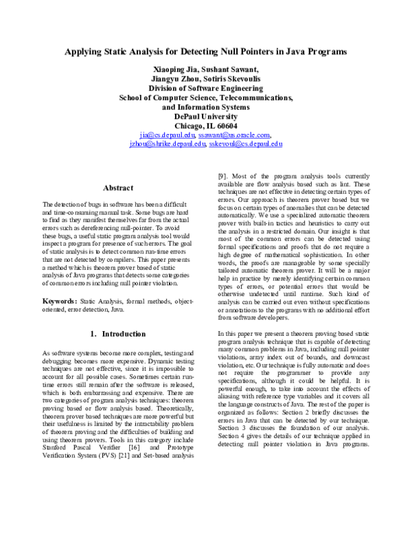 (PDF) Applying static analysis for detecting null pointers in java programs