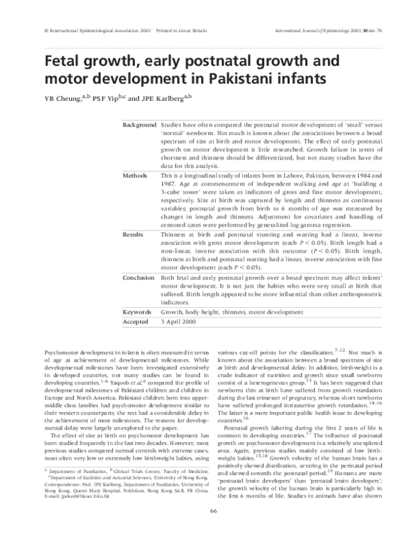 (PDF) Fetal growth, early postnatal growth and motor development in ...