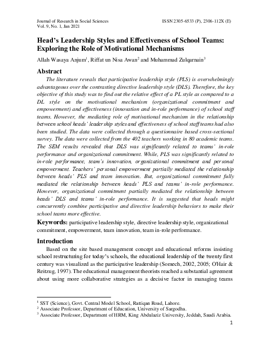 (PDF) Head’s Leadership Styles and Effectiveness of School Teams ...