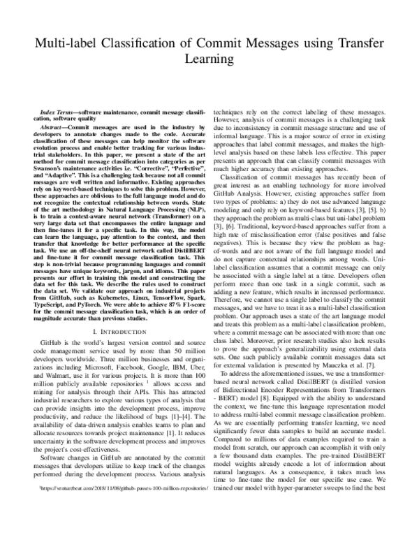 (PDF) Multi-label Classification of Commit Messages using Transfer Learning