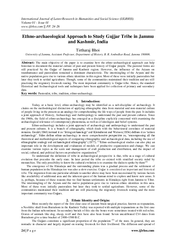 (PDF) Ethno-archaeological Approach to Study Gujjar Tribe in Jammu and ...