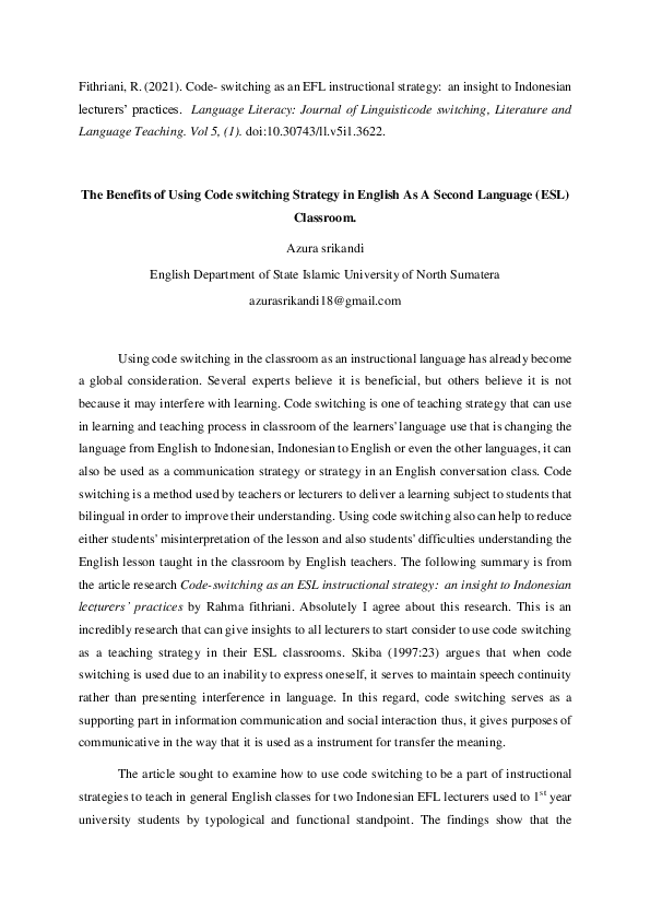 (PDF) The Benefits of Using Code switching Strategy in English As A ...
