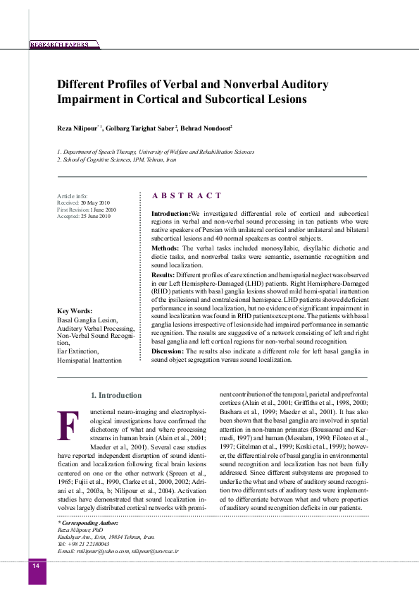 (PDF) Different Profiles of Verbal and Nonverbal Auditory Impairment in ...