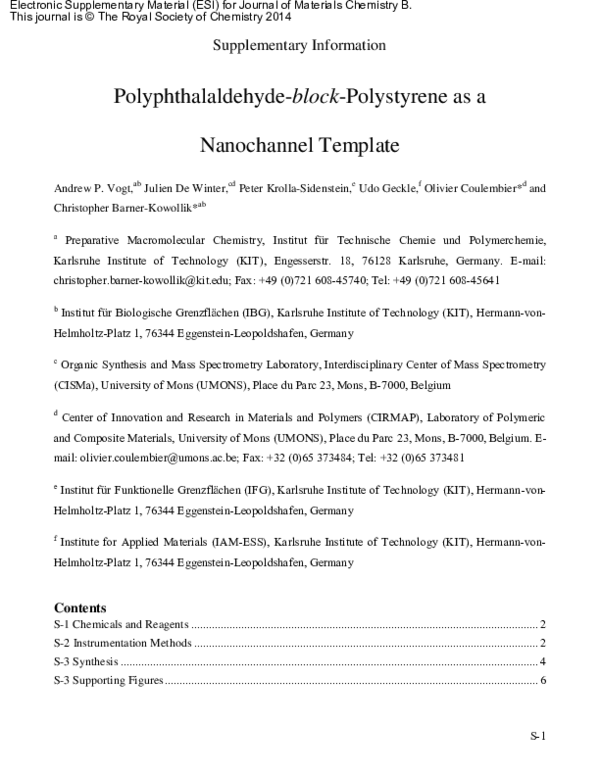 (PDF) Polyphthalaldehyde-block-polystyrene as a nanochannel template
