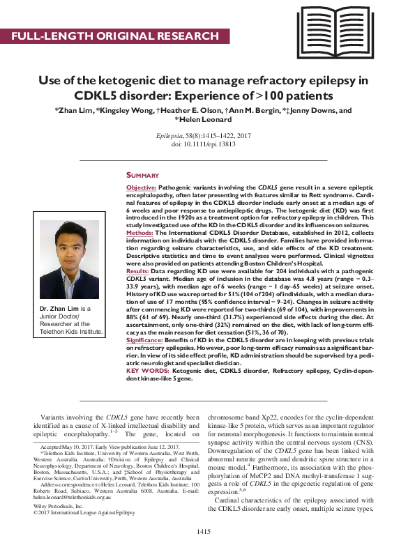 (PDF) Use of the ketogenic diet to manage refractory epilepsy in CDKL5 ...