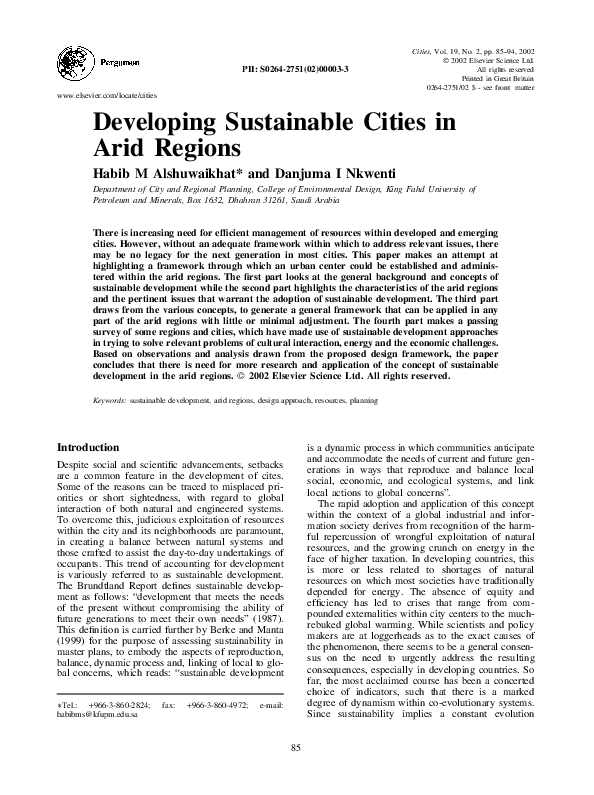 (PDF) Developing Sustainable Cities in Arid Regions
