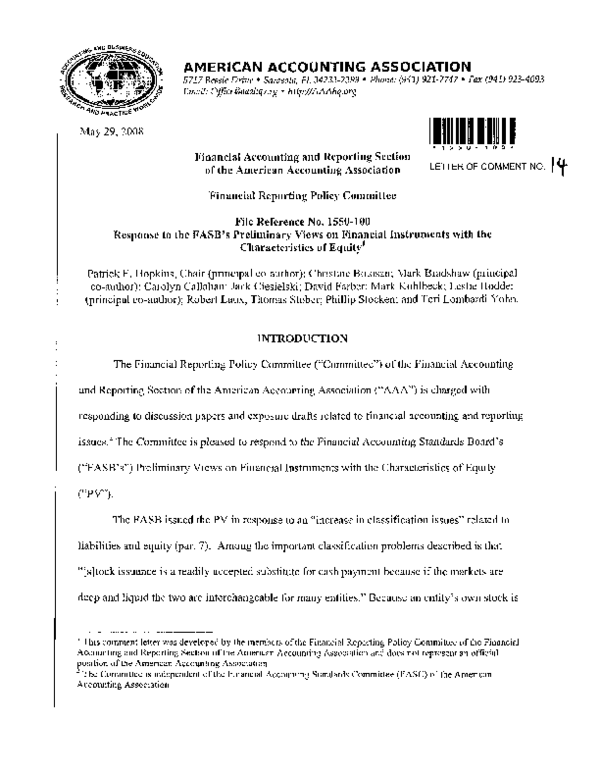 (PDF) Response to the FASB’s Preliminary Views on Financial Instruments