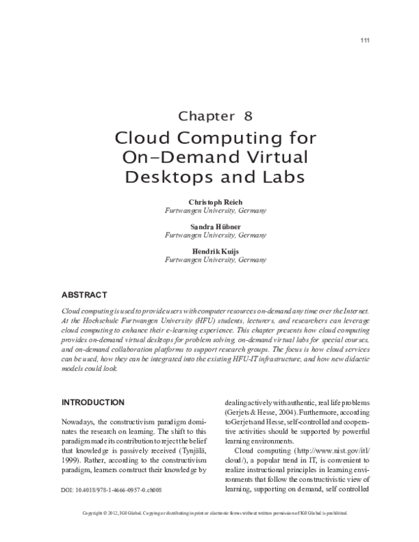 (PDF) Cloud Computing for On-Demand Virtual Desktops and Labs