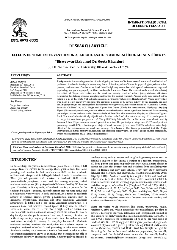 (PDF) Effects of Yogic Intervention on Academic Anxiety Among School ...
