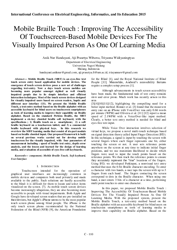 (PDF) Mobile Braille Touch Improving The Accessibility Of TouchscreenBased Mobile Devices For
