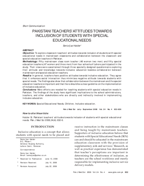 (PDF) Pakistani Teachers' Attitudes Towards Inclusion of Students with ...