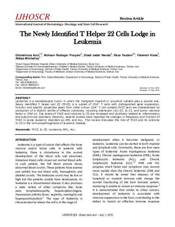 (PDF) The Newly Identified T Helper 22 Cells Lodge in Leukemia
