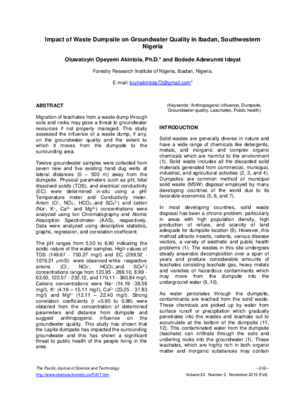 (PDF) Impact of Waste Dumpsite on Groundwater Quality in Ibadan ...