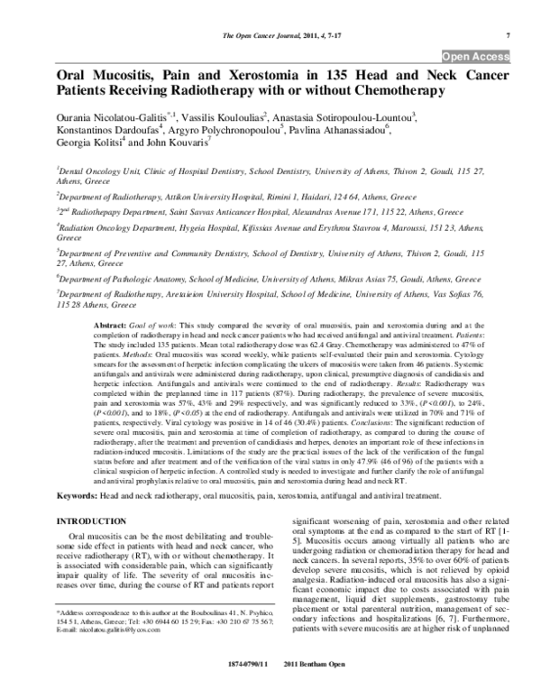 (PDF) Oral Mucositis, Pain and Xerostomia in 135 Head and Neck Cancer ...