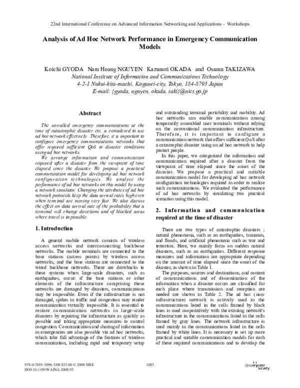 (PDF) Analysis of Ad Hoc Network Performance in Emergency Communication ...