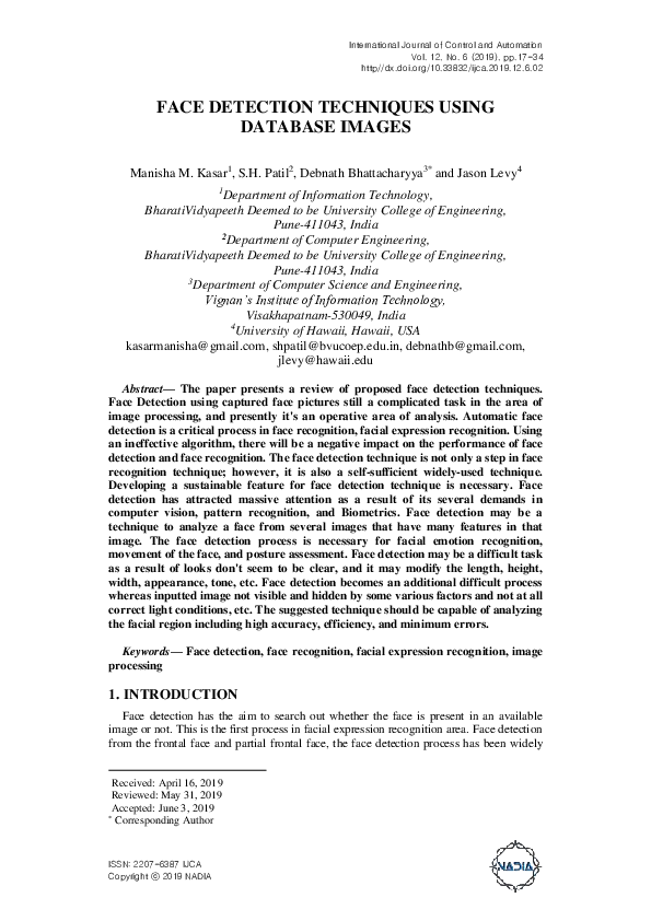 (PDF) Face Detection Techniques Using Database Images