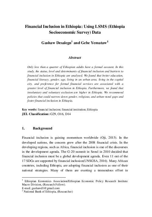 (PDF) Financial inclusion in Ethiopia: using lsms (Ethiopia ...