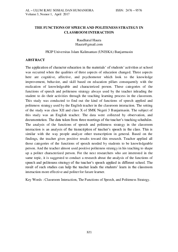 (PDF) The Functions of Speech and Politeness Strategy in Classroom ...