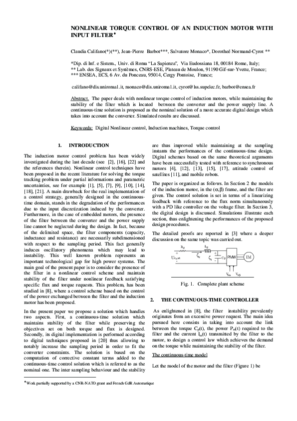 (PDF) Nonlinear Torque Control of an Induction Motor with Input Filter